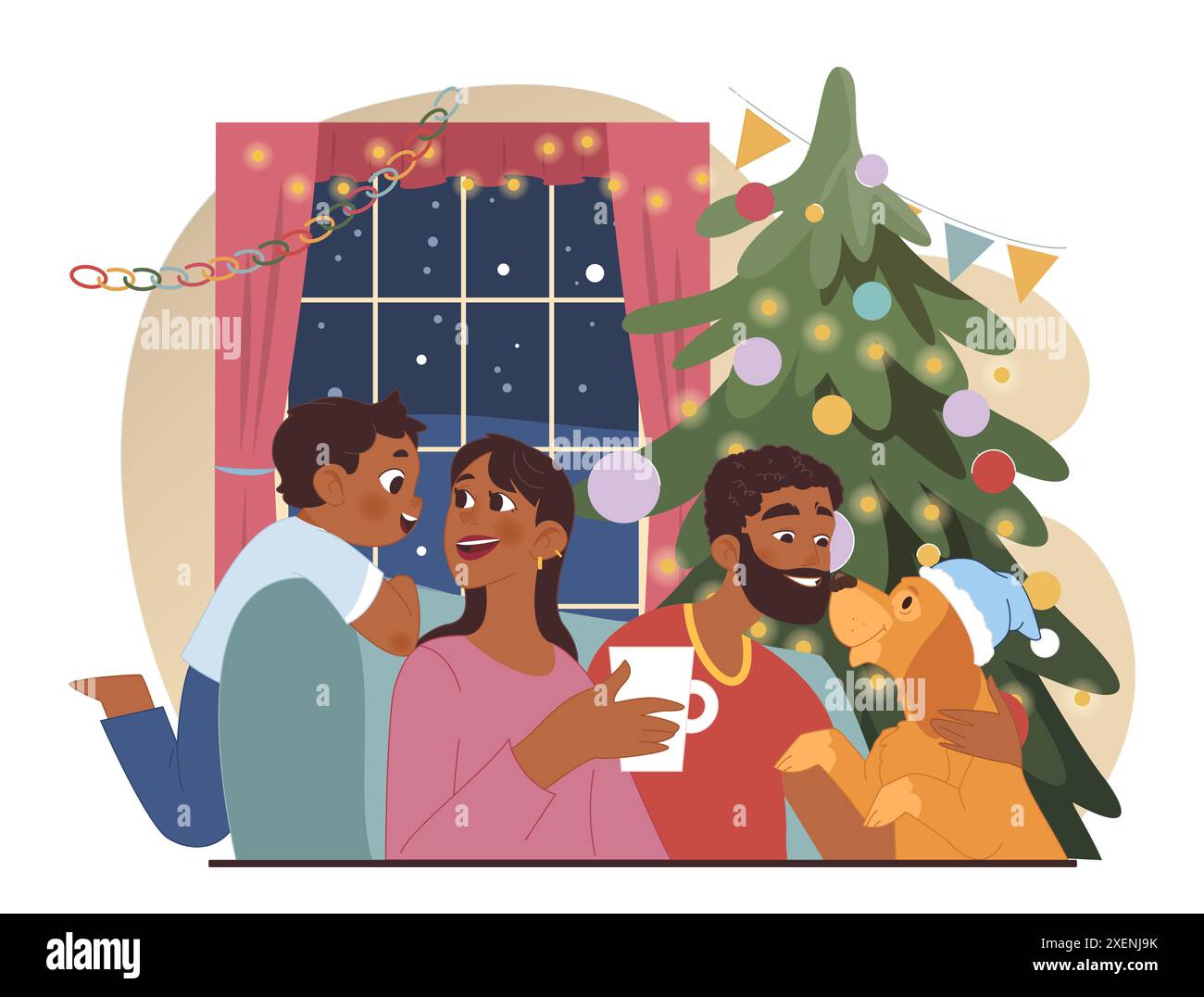 Festa di Natale. Allegri membri della famiglia, coppia nera con figlio e cane che trascorrono del tempo insieme durante le vacanze invernali. Albero di Natale e decorazione. Illustrazione vettoriale piatta Illustrazione Vettoriale