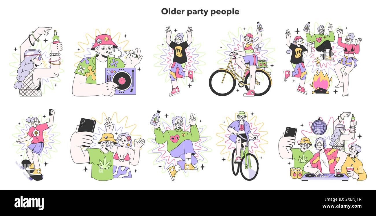 Personaggi maturi che ballano e bevono alcolici nel campeggio del festival. Donna anziana e uomo che fanno una festa. Tempo libero estivo al campo. Illustrazione vettoriale piatta Illustrazione Vettoriale