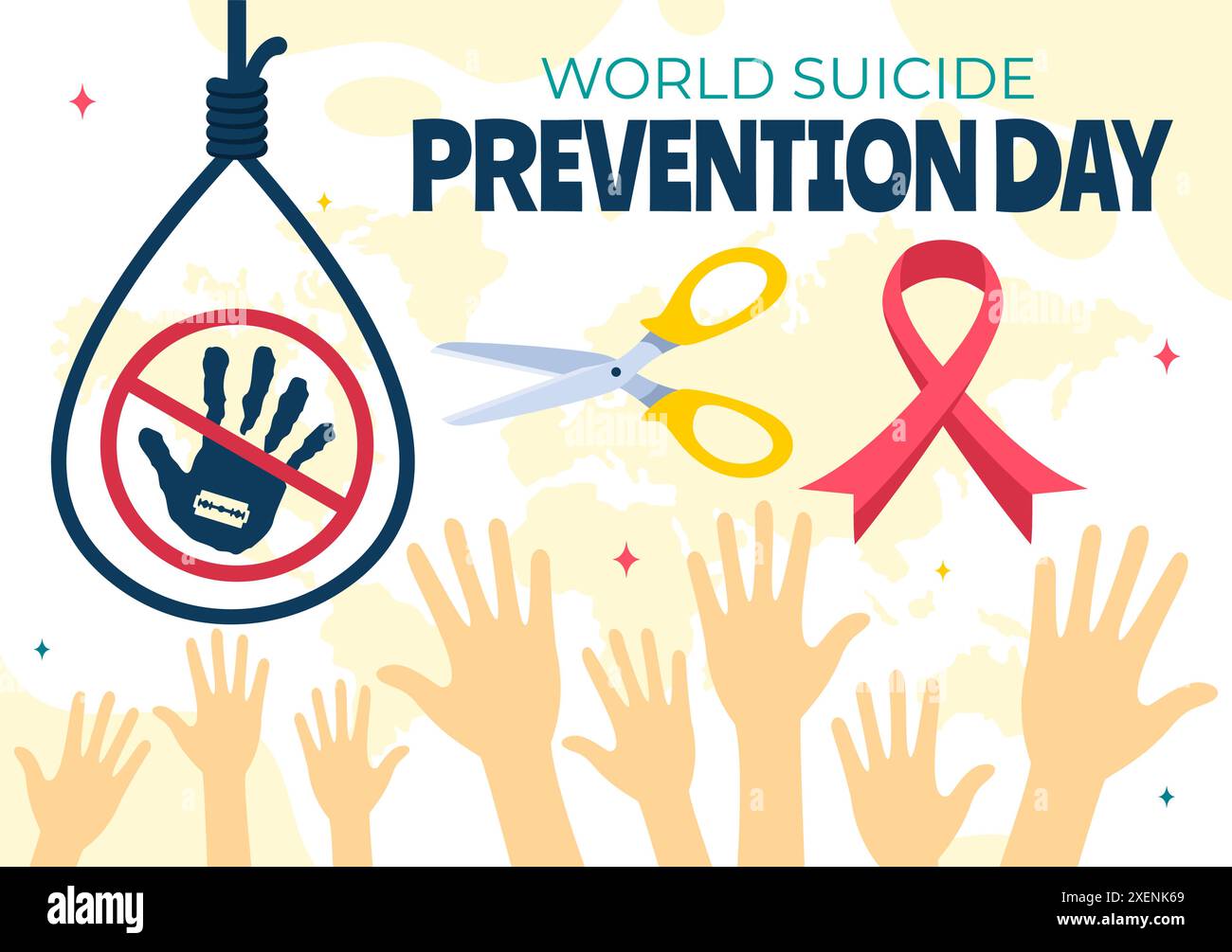 Illustrazione vettoriale della giornata mondiale della prevenzione del suicidio il 10 settembre con una corda sospesa e le mani per prevenire i suicidi in uno sfondo di cartone animato piatto Illustrazione Vettoriale