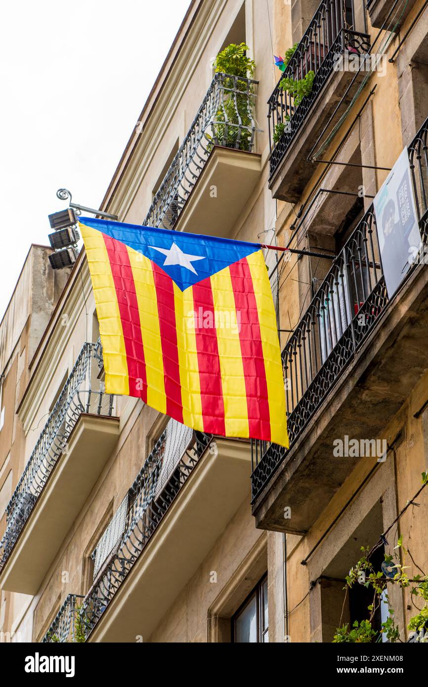 Bandiera indipendente "Blu" Estelada catalana, barcellona, Spagna. Foto Stock