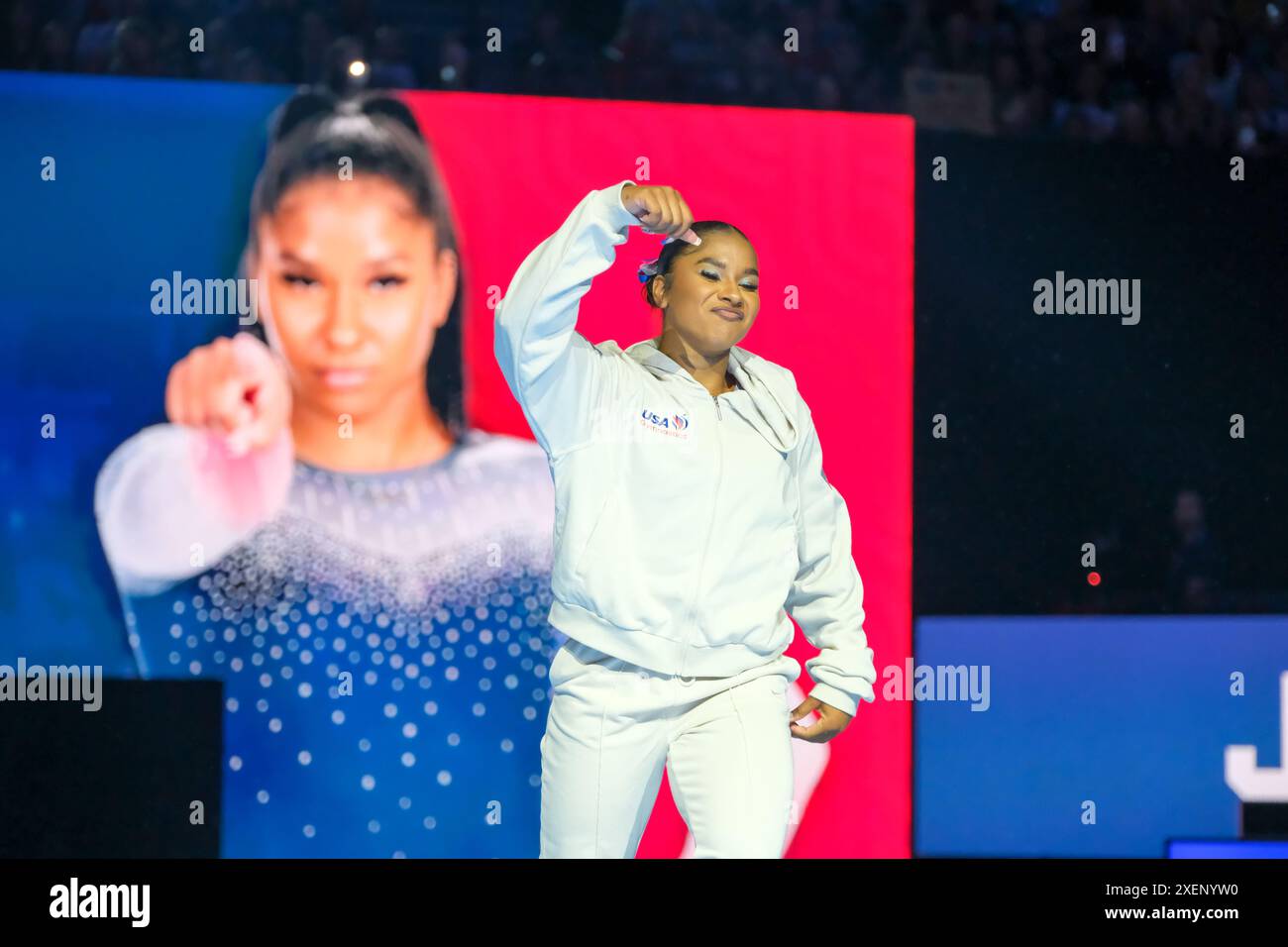 Minneapolis, Minnesota, Stati Uniti. 28 giugno 2024. JORDAN CHILES ha presentato il secondo giorno dei test di ginnastica della squadra olimpica degli Stati Uniti del 2024 al Target Center di Minneapolis, Minnesota. (Immagine di credito: © Steven Garcia/ZUMA Press Wire) SOLO PER USO EDITORIALE! Non per USO commerciale! Foto Stock