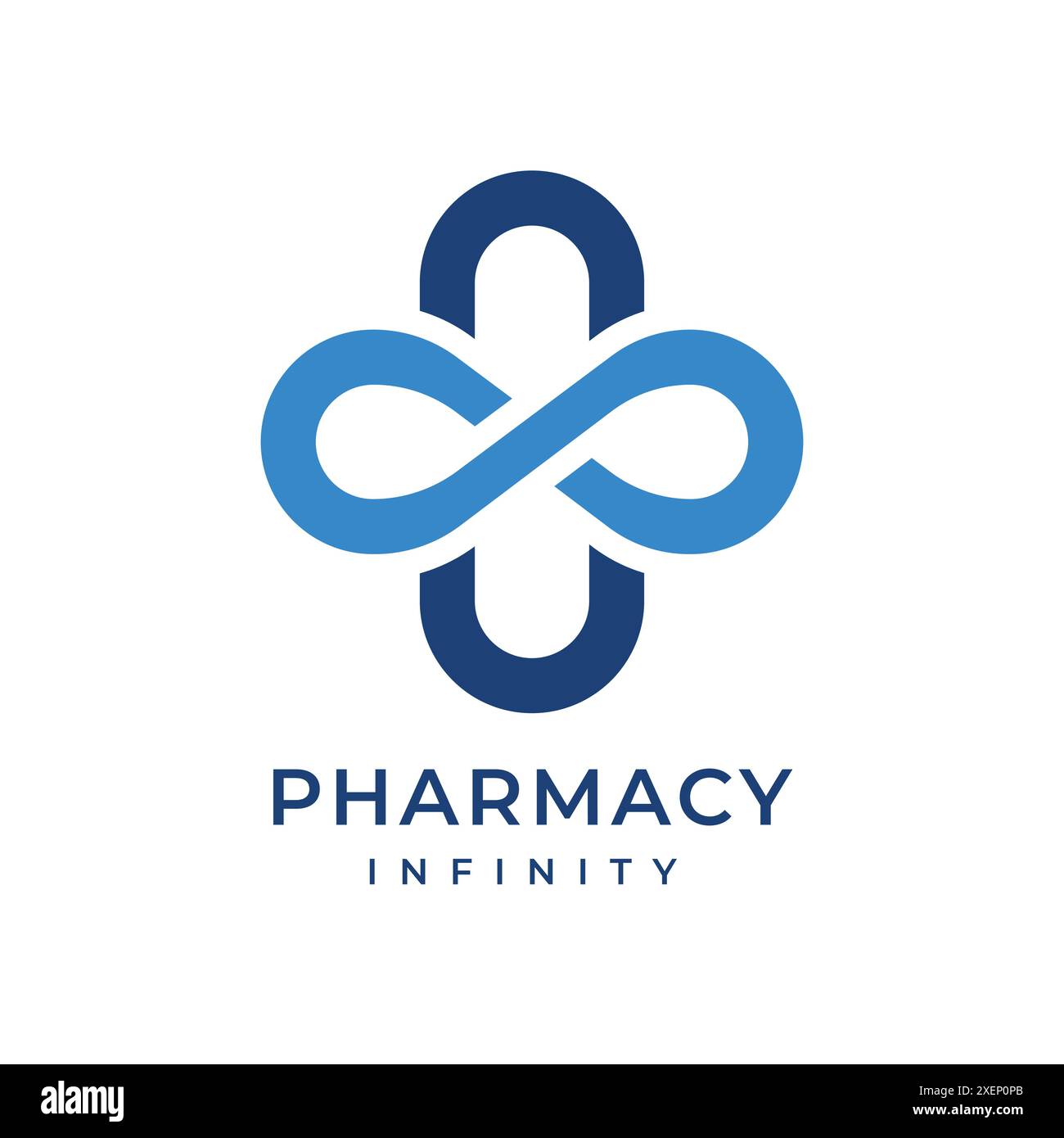 Simbolo dell'infinito a forma di capsula medica. Questo design può essere utilizzato da farmacie, aziende farmaceutiche o servizi sanitari Illustrazione Vettoriale