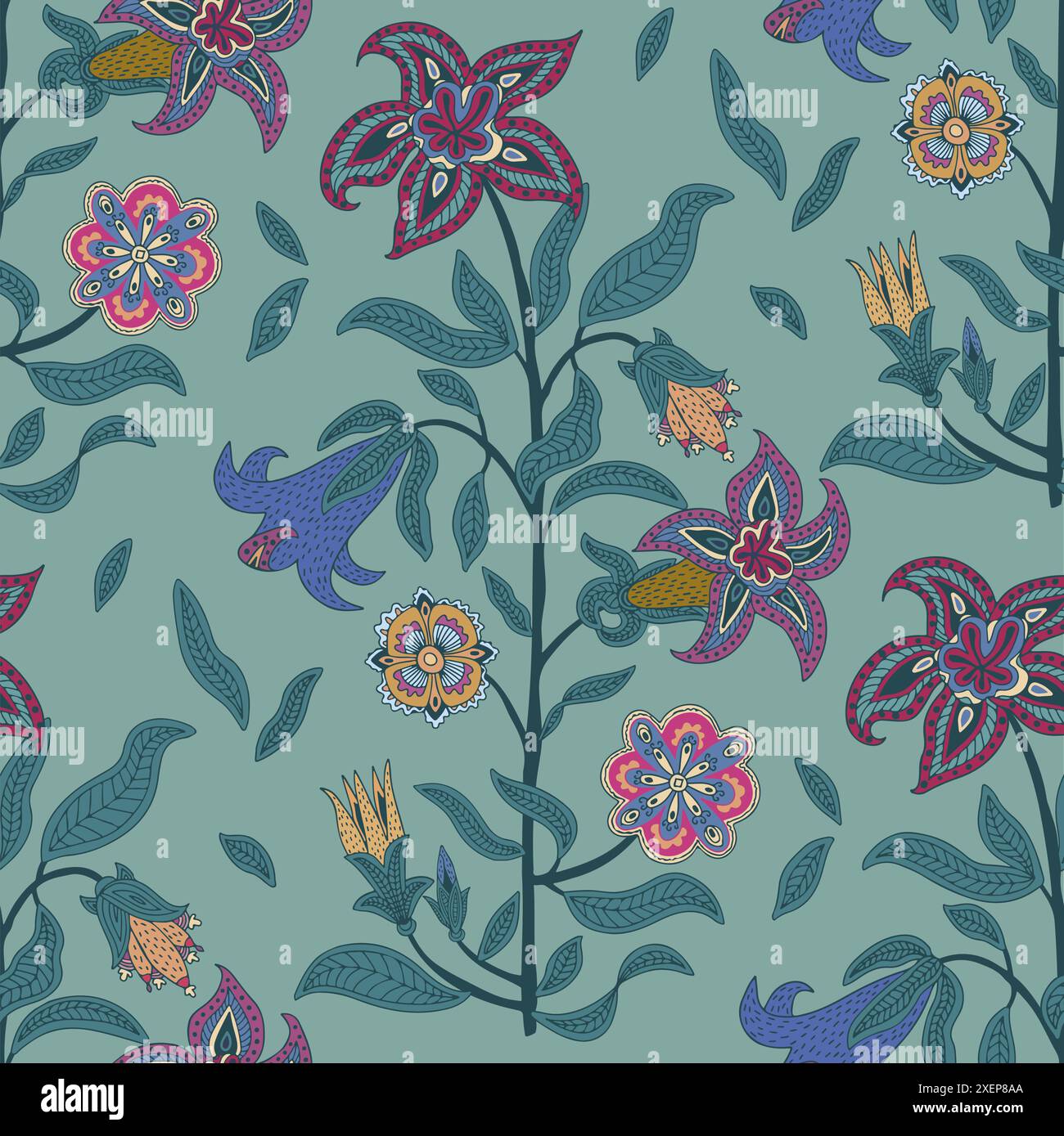 Motivo floreale senza cuciture su sfondo color ottanio. Mix di fiori e gemme in fiore con dettagli decorativi complessi. Illustrazione Vettoriale