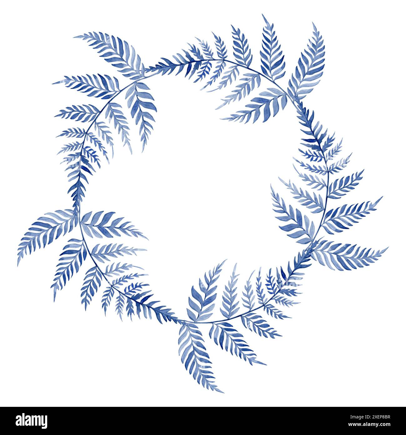 Cornice circolare con rami di felce blu su sfondo bianco. Illustrazione acquerello Foto Stock