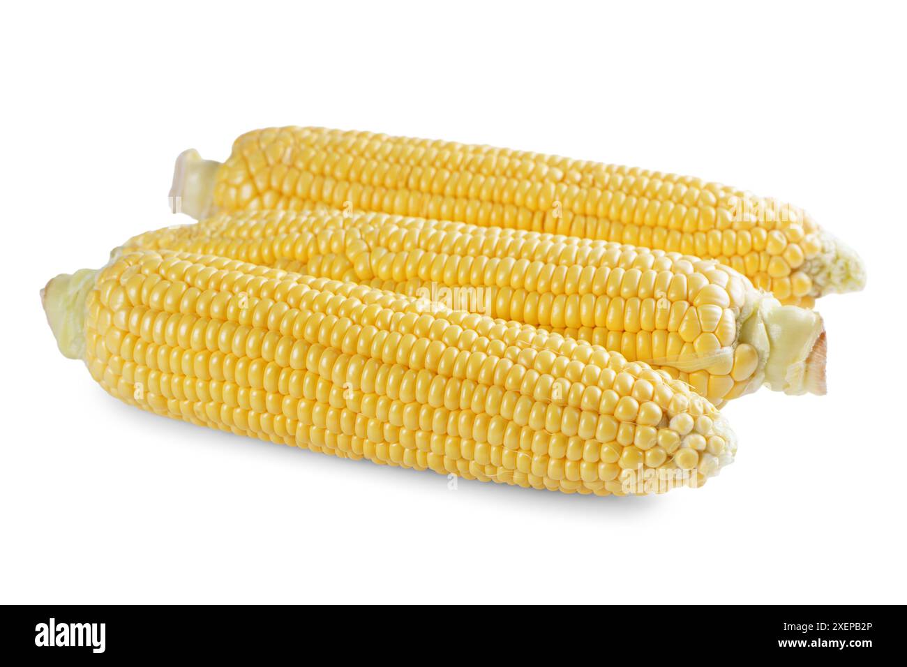 Tre orecchie gialle crude fresche di mais isolate su sfondo bianco. Ingrediente alimentare, elemento di design, fattoria, raccolto, agricoltura. Foto Stock
