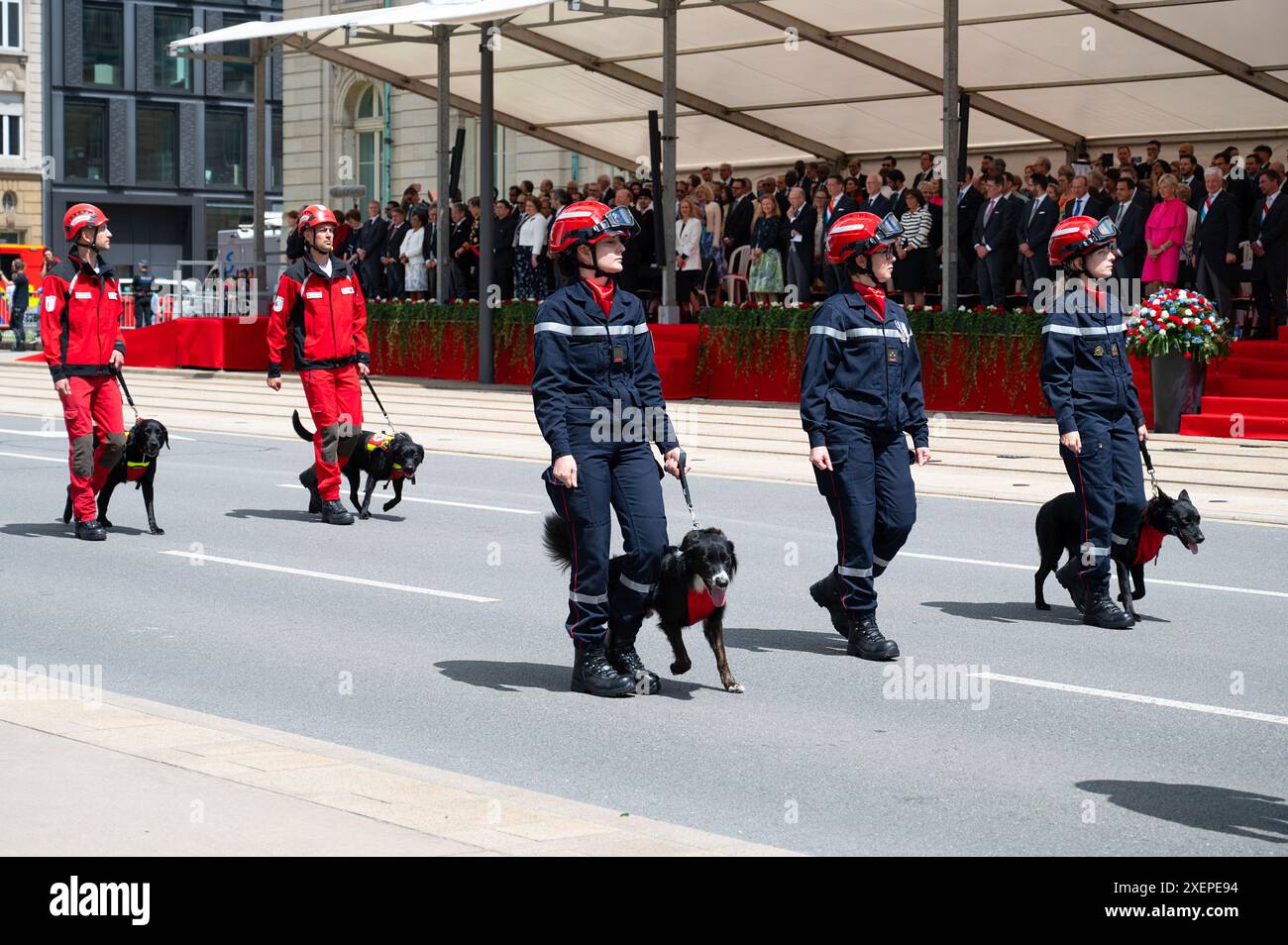Festa nazionale del Lussemburgo, celebrazione del compleanno del Granduca, sfilata militare con l'esercito lussemburghese, la polizia, i vigili del fuoco, il servizio di soccorso Foto Stock