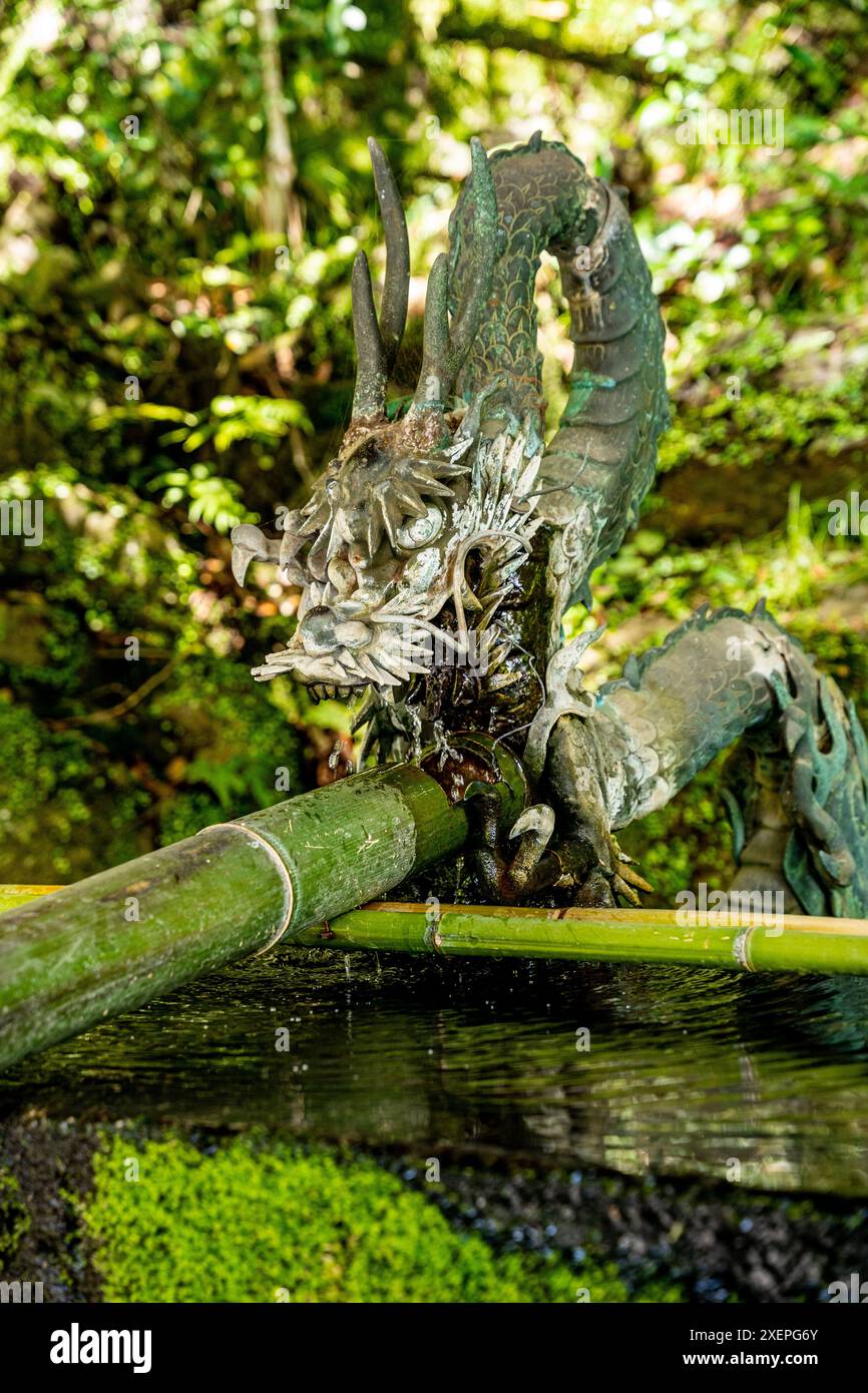 Una vasca di purificazione a forma di drago nel complesso del tempio di Ishiyamadera, a Otsu, prefettura di Shiga, regione del Kansai, Giappone. Foto Stock