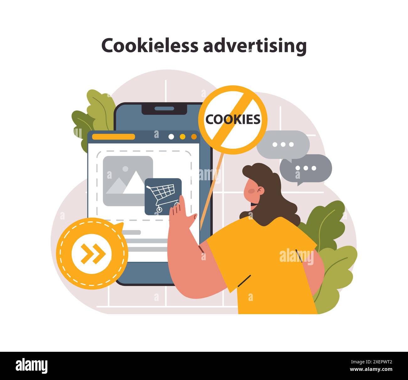 Pubblicità senza cucina. Targeting senza cucina. Problema di privacy del traffico del browser Web. regolamento sui dati personali riservati. Illustrazione vettoriale piatta Illustrazione Vettoriale