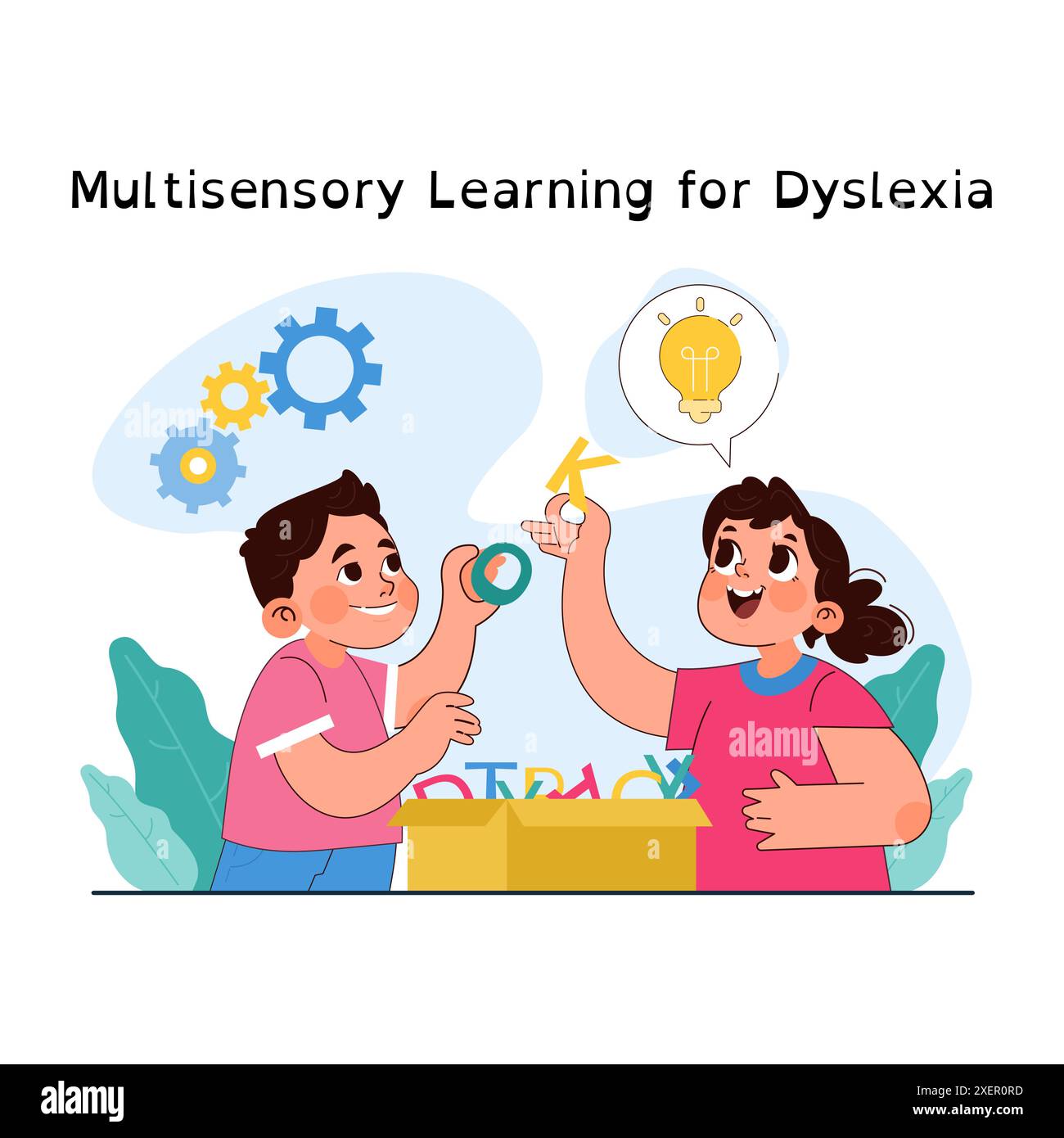 Apprendimento multisensoriale per bambini affetti da dislessia. Lettura, scrittura o comprensione della soluzione del problema. Riconoscimento di testo e lettere. bambini con esigenze di istruzione speciali. Illustrazione vettoriale piatta Illustrazione Vettoriale