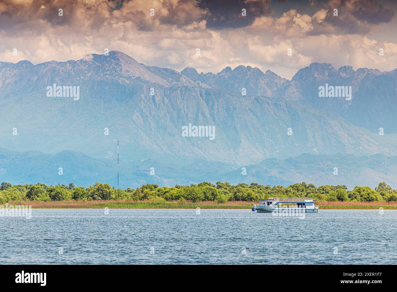 Escursione estiva esplorando le acque incontaminate e la natura del lago Skadar. Foto Stock