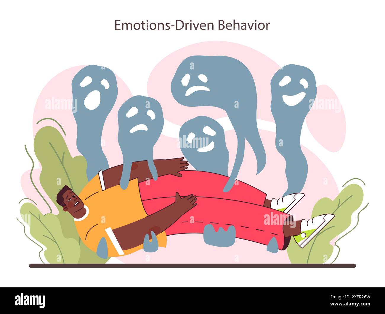Comportamento basato sulle emozioni. Carattere nero confuso che esprime emozioni negative. Riflessioni e controllo dei sentimenti. Illustrazione vettoriale piatta Illustrazione Vettoriale