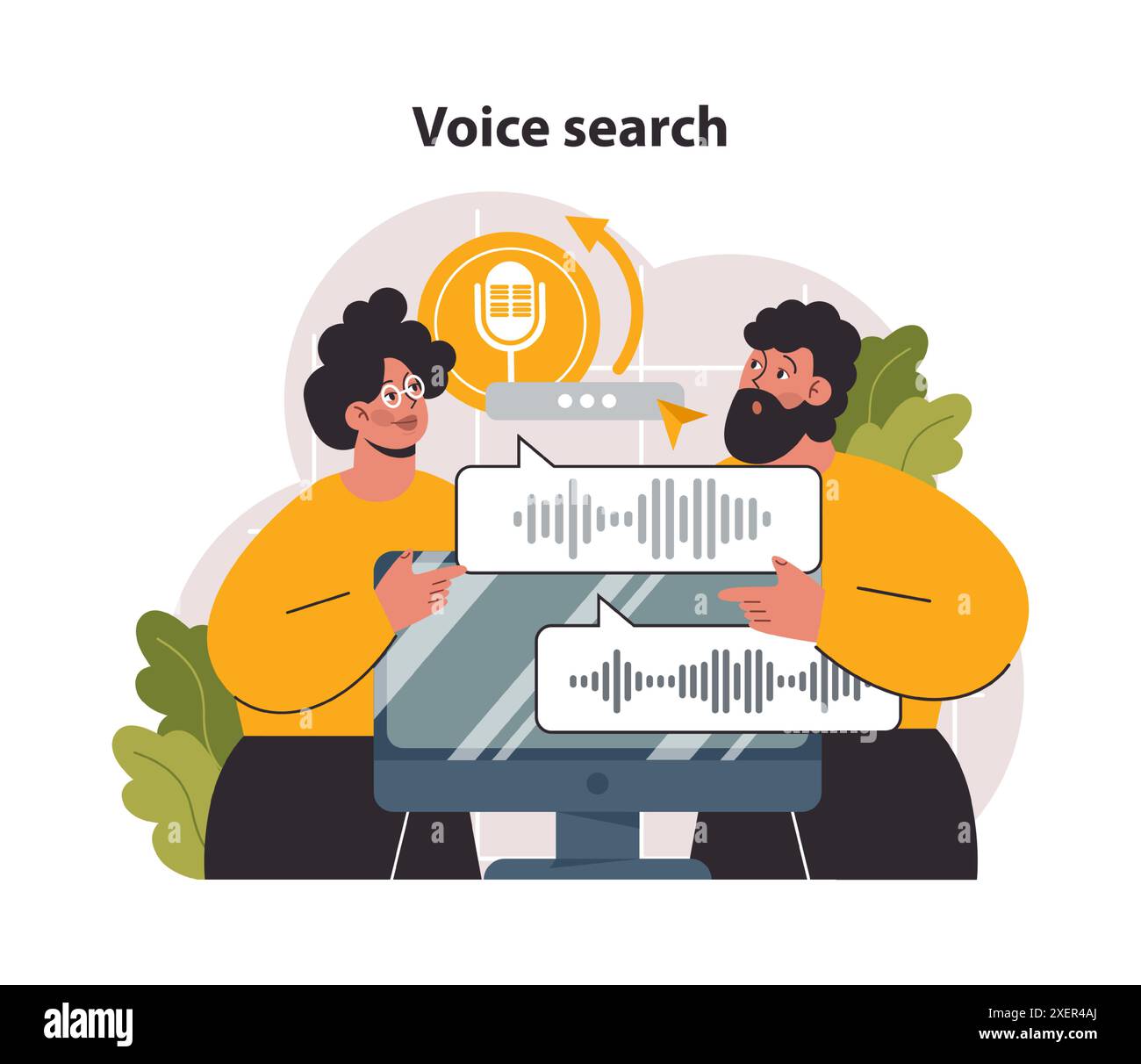 Ricerca vocale. Assistente virtuale di intelligenza artificiale. Personaggio che parla sul microfono con richiesta del browser. Comunicazione online con intelligenza artificiale. Illustrazione vettoriale piatta Illustrazione Vettoriale