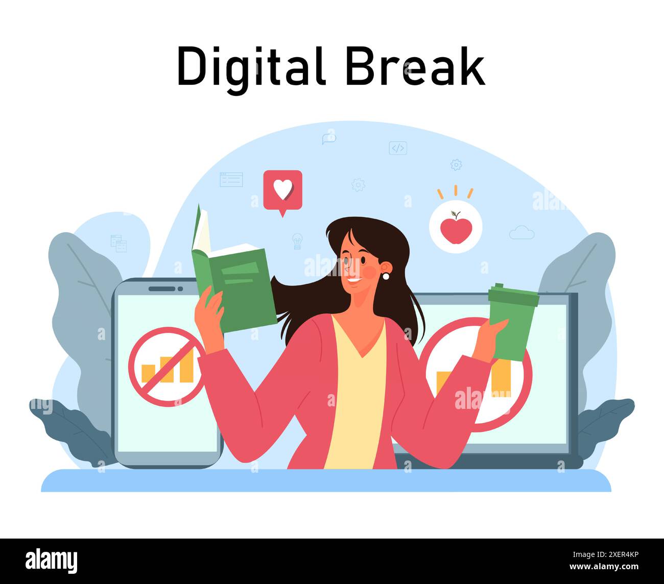 Moderna pratica di benessere. Detox digitale. Personaggio che si prende una pausa dal dispositivo digitale. Computer portatile scollegato o spento. Rompere la dipendenza da Internet e dai social media. Illustrazione vettoriale piatta Illustrazione Vettoriale