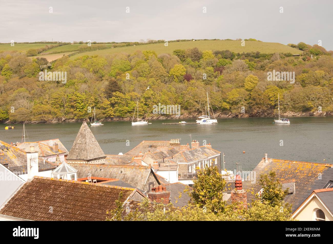 Vista del porticciolo e dell'estuario di Fowey da Fowey, Cornovaglia, Regno Unito. Fowey (FOY; cornico: Fowydh, che significa "alberi di faggio") è una città portuale e parrocchia civile di Foto Stock