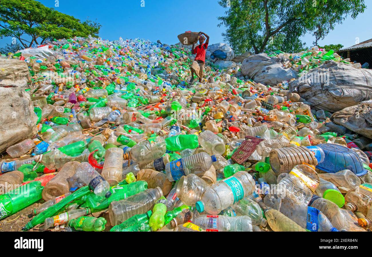 Un uomo raccoglie bottiglie di plastica di colore diverso da riciclare. Foto Stock Un uomo raccoglie bottiglie di plastica di colore diverso da riciclare. Foto Stock