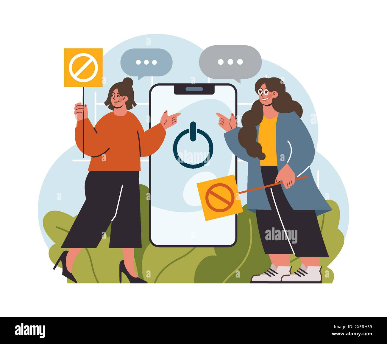 Moderna pratica di benessere. Detox digitale. Personaggio che si prende una pausa dal dispositivo digitale. Computer portatile scollegato o spento. Rompere la dipendenza da Internet e dai social media. Illustrazione vettoriale piatta Illustrazione Vettoriale