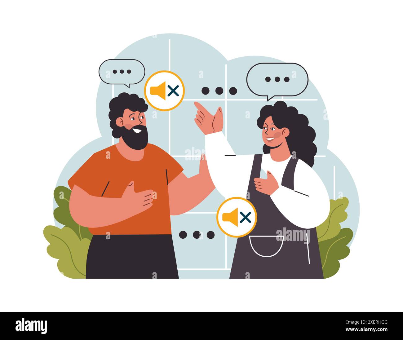 Personaggi sordi e muti maschili e femminili che parlano con i gesti delle mani. Comunicazione con un linguaggio dei segni. Illustrazione vettoriale piatta Illustrazione Vettoriale