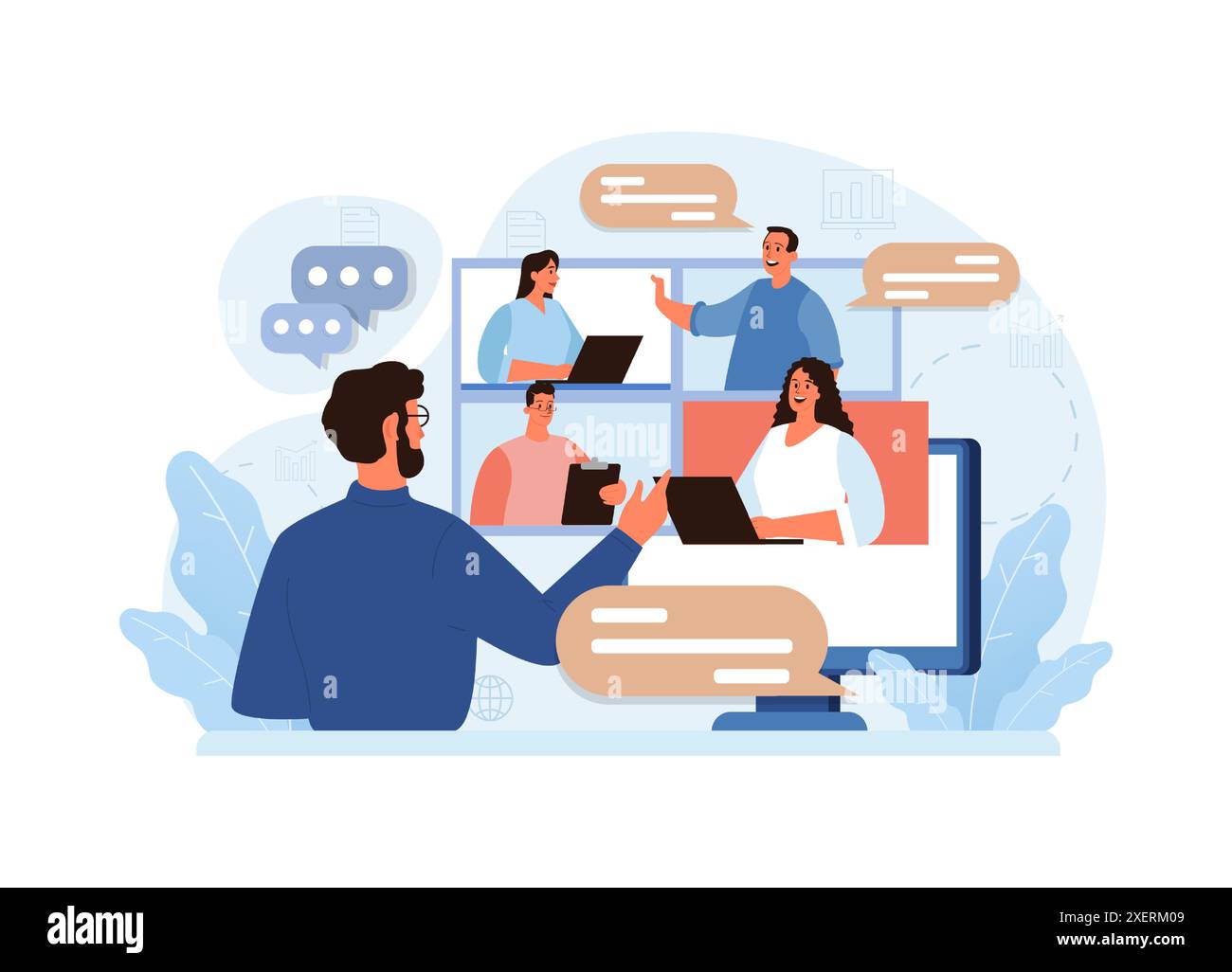 Comunicazione online. Gruppi di amici che parlano tra loro, dialogano. Personaggio che utilizza le app del dispositivo digitale per chattare e videochiamare. Social networking. Illustrazione vettoriale piatta Illustrazione Vettoriale