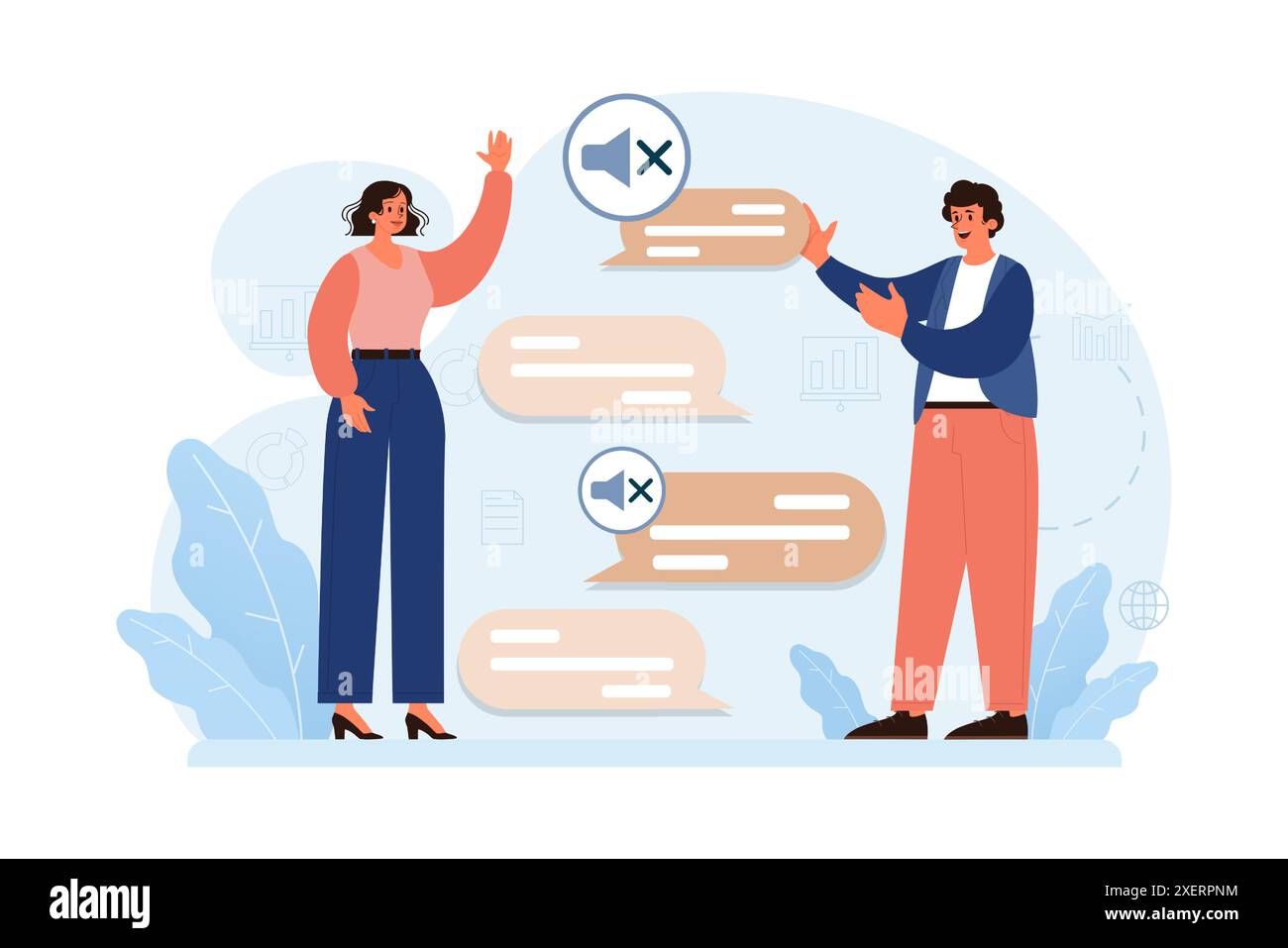 Personaggi sordi e muti maschili e femminili che parlano con i gesti delle mani. Comunicazione con un linguaggio dei segni. Illustrazione vettoriale piatta Illustrazione Vettoriale