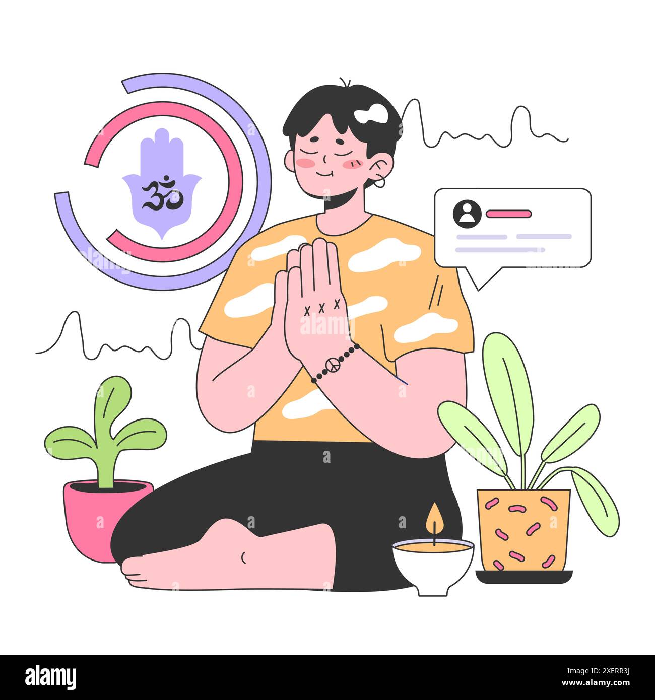 Tracker di salute mentale. Personaggio che utilizza un gadget elettronico per monitorare e controllare il livello di stress e l'ansia. Meditazione del carattere alla rilassante musica zen tibetana. Illustrazione vettoriale piatta Illustrazione Vettoriale Tracker di salute mentale. Personaggio che utilizza un gadget elettronico per monitorare e controllare il livello di stress e l'ansia. Meditazione del carattere alla rilassante musica zen tibetana. Illustrazione vettoriale piatta Illustrazione Vettoriale