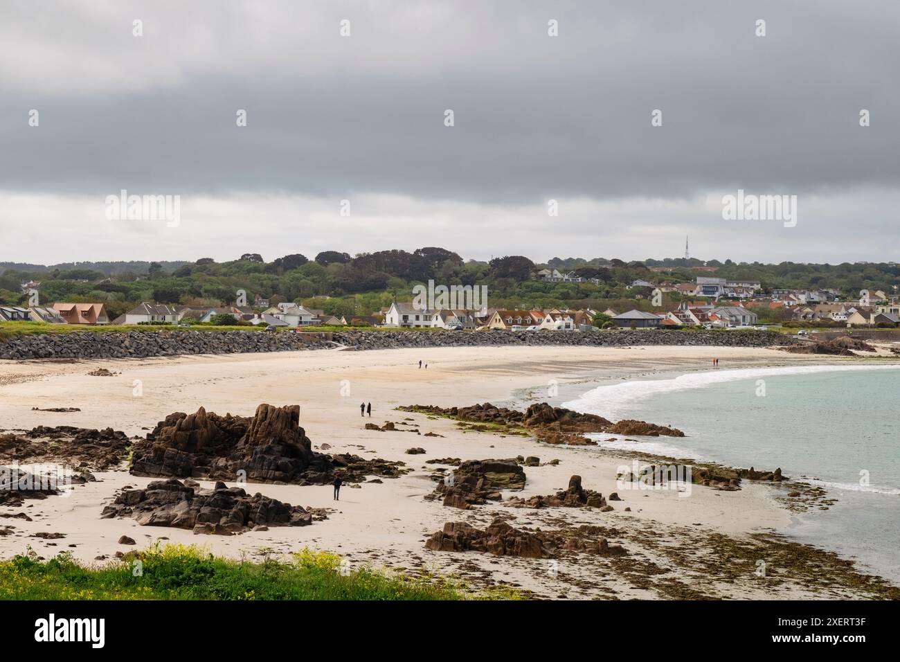 Saline Bay e Cobo Bay dal promontorio di grande Rocque. Castel, Baliato di Guernsey, Isole del Canale, Regno Unito, Gran Bretagna, Europa Foto Stock