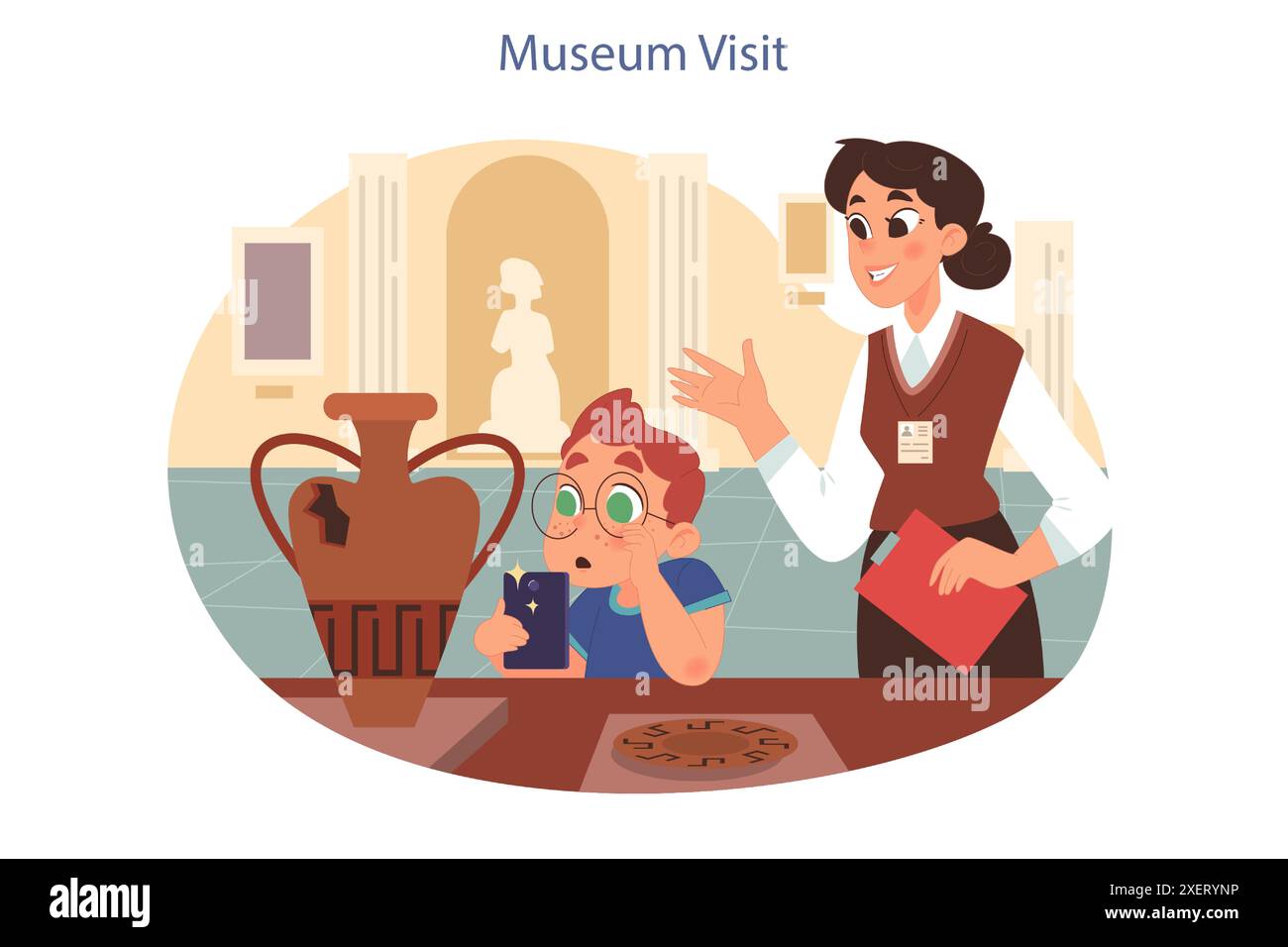 Visita al museo della scuola. Studenti che studiano storia e scienze naturali in attività extracurriculari. Guida che racconta ai bambini l'archeologia. Illustrazione vettoriale piatta Illustrazione Vettoriale