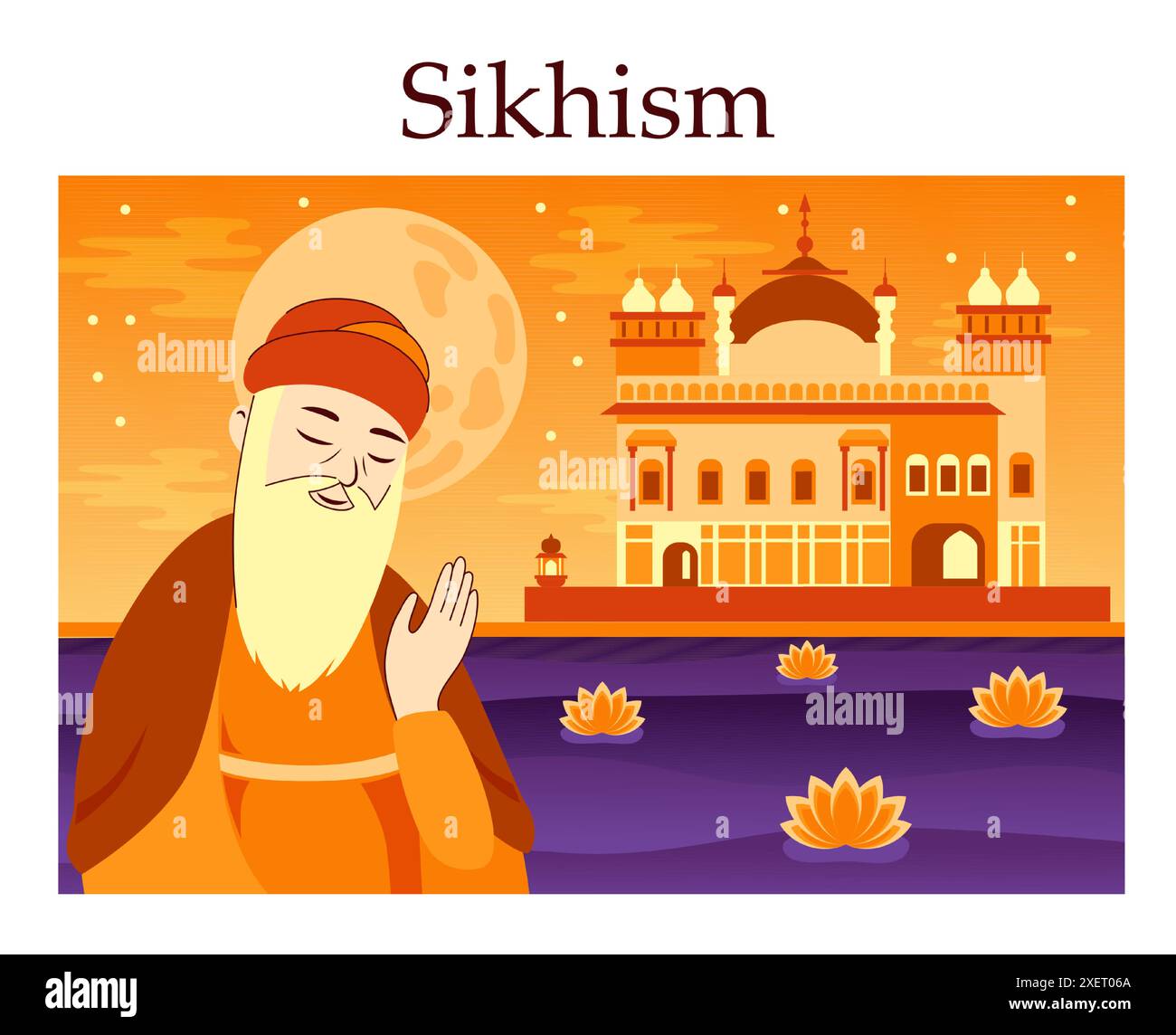 Sikhismo. Religione indiana Dharmica. Movimento religioso orientale. Guru Nanak Jayanti di fronte al tempio. Illustrazione vettoriale piatta Illustrazione Vettoriale