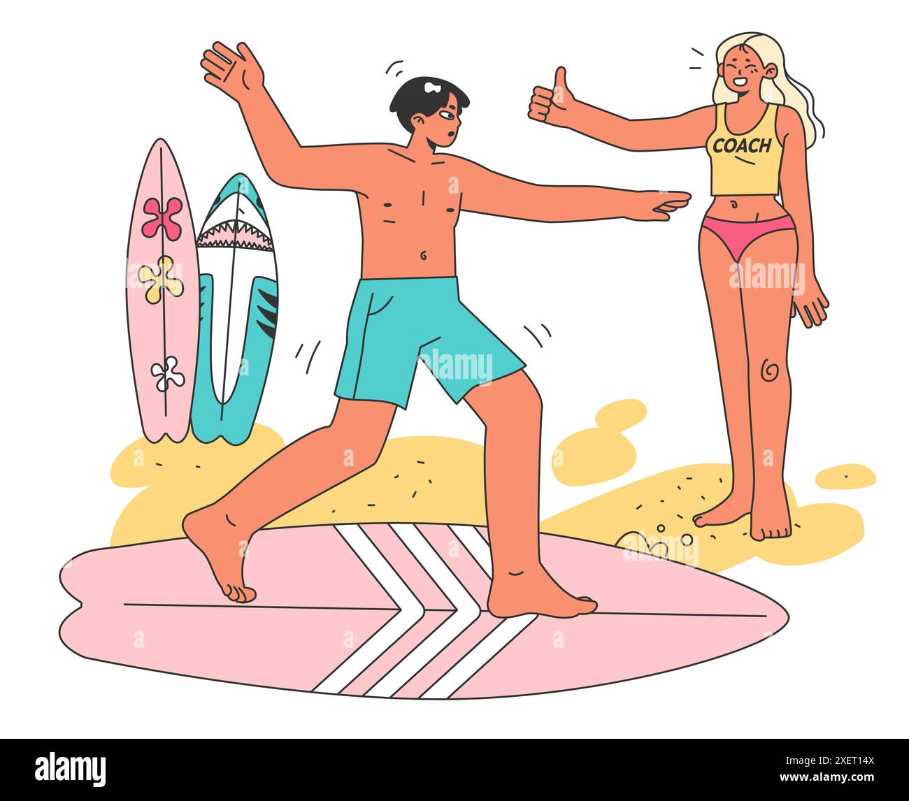 Scuola di surf. Indossa un costume da bagno e trascorri del tempo sulla spiaggia. Coach femminile che insegna a nuove studentesse a fare surf. Sport estremi, attività ricreative o attività popolari. Illustrazione vettoriale piatta Illustrazione Vettoriale