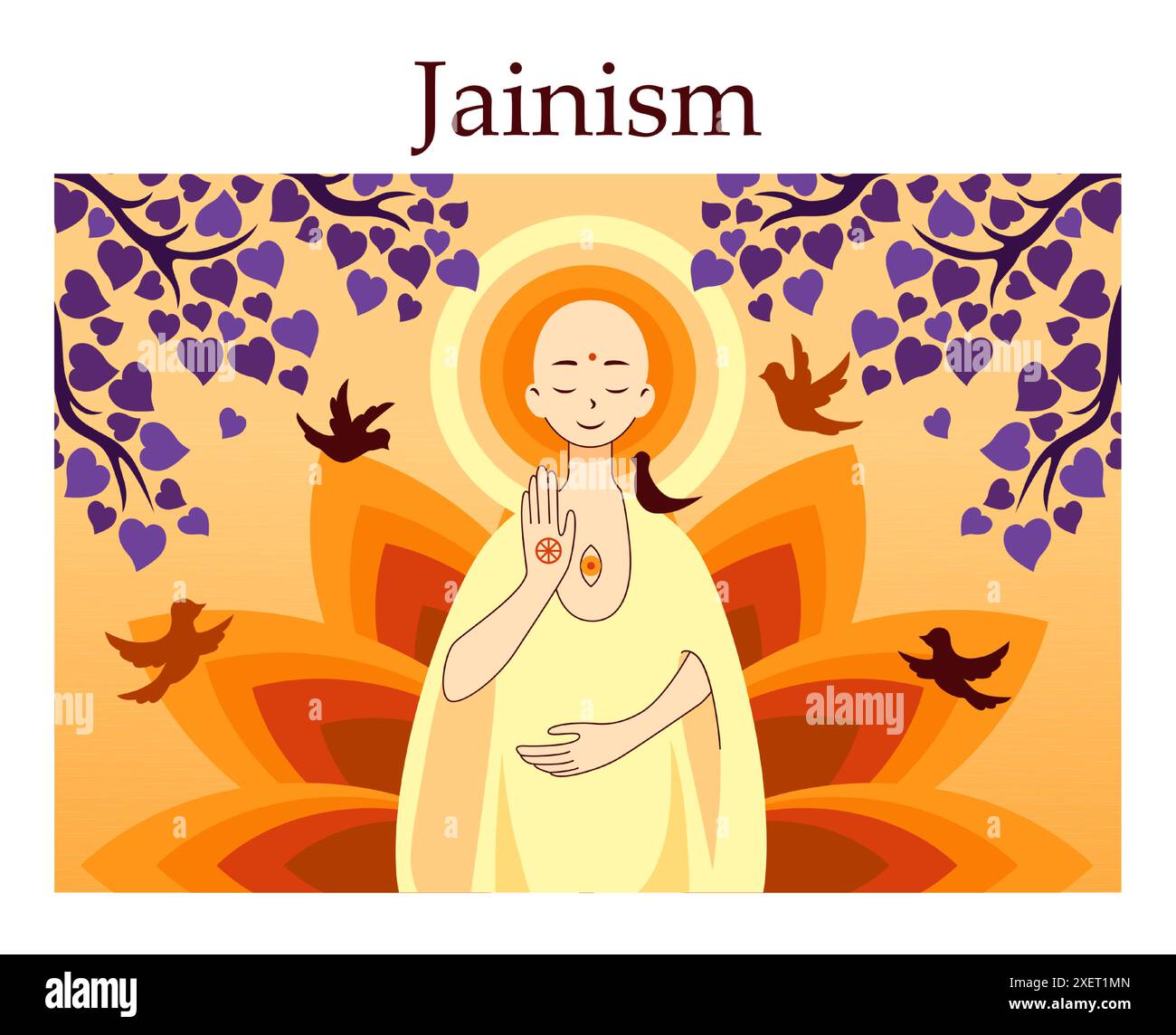 Giainismo, Jain Dharma. Antica religione dharmica indiana. Monaco Jain in piedi con il simbolo ahimsa sulla sua mano. Illustrazione vettoriale piatta Illustrazione Vettoriale Giainismo, Jain Dharma. Antica religione dharmica indiana. Monaco Jain in piedi con il simbolo ahimsa sulla sua mano. Illustrazione vettoriale piatta Illustrazione Vettoriale