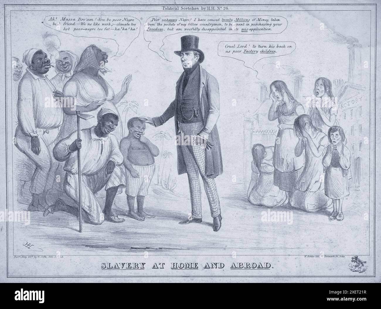 Questa litografia di H.H. Henry Heath, pubblicata nel 1832, raffigura Henry Brougham, un importante politico britannico, che riceve elogi dagli schiavi liberati, ignorando un gruppo di bambini operai. Il contrasto evidenzia l'ipocrisia percepita al tempo della difesa di Brougham per l'abolizione della schiavitù, ignorando allo stesso tempo lo sfruttamento dei bambini nelle fabbriche britanniche. Foto Stock