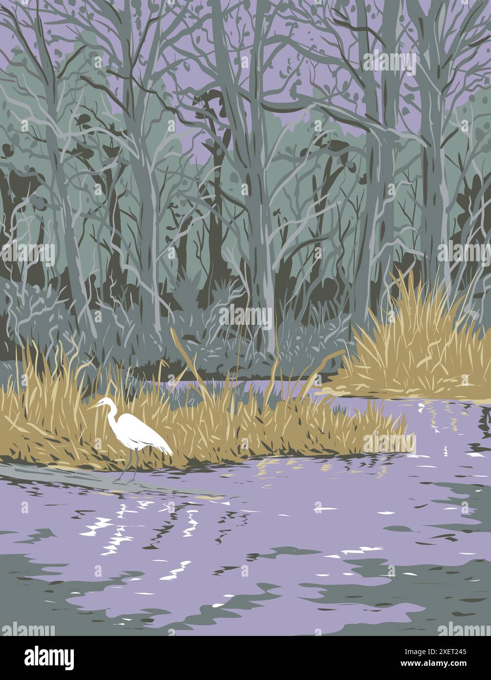 Poster art WPA di un grande egret nel bayou della Barataria Preserve all'interno del Jean Lafitte National Historical Park, Louisiana USA, fatto nel progetto Works A. Illustrazione Vettoriale