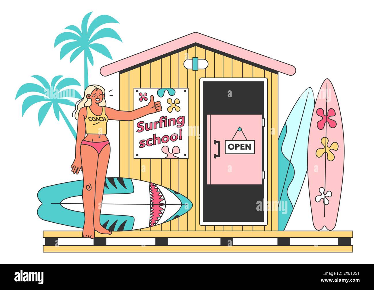 Scuola di surf. Indossa un costume da bagno e trascorri del tempo sulla spiaggia. Istruttore che tiene una tavola da surf e dà il benvenuto ai nuovi studenti. Sport estremi, attività ricreative o attività popolari. Illustrazione vettoriale piatta Illustrazione Vettoriale