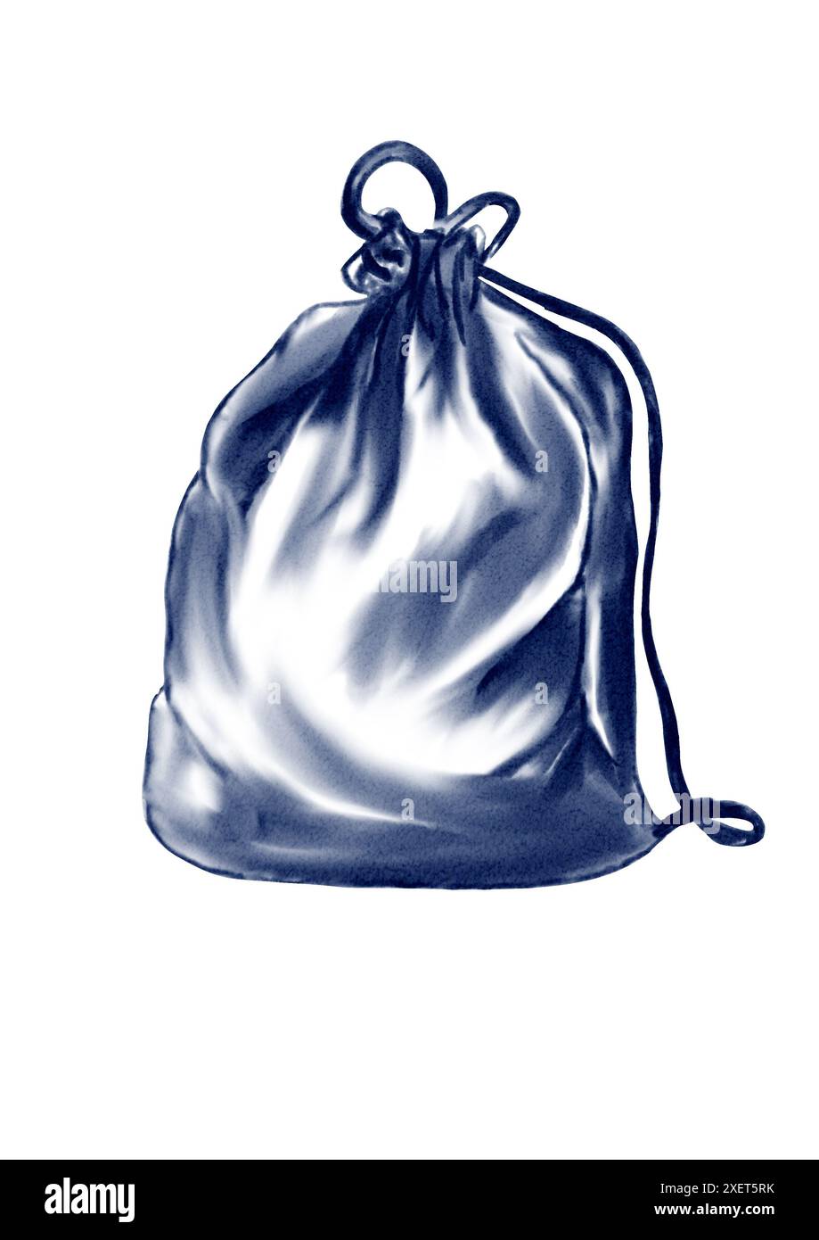 Borsa con due corde, di medie dimensioni, con scarpe sportive. Illustrazione acquerello. Monocromatico blu. Foto Stock