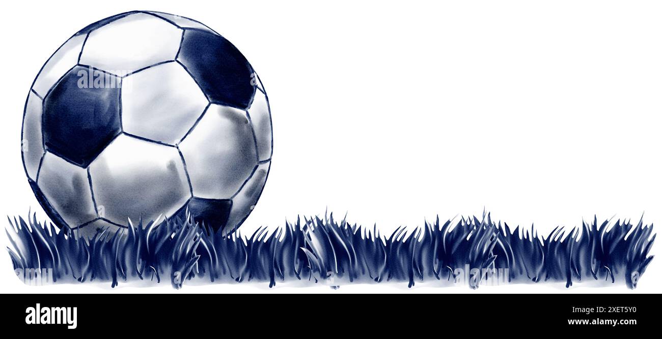 Bordo in stile calcio. Palla classica sull'erba. Monocromatico blu. illustrazione acquerello Foto Stock