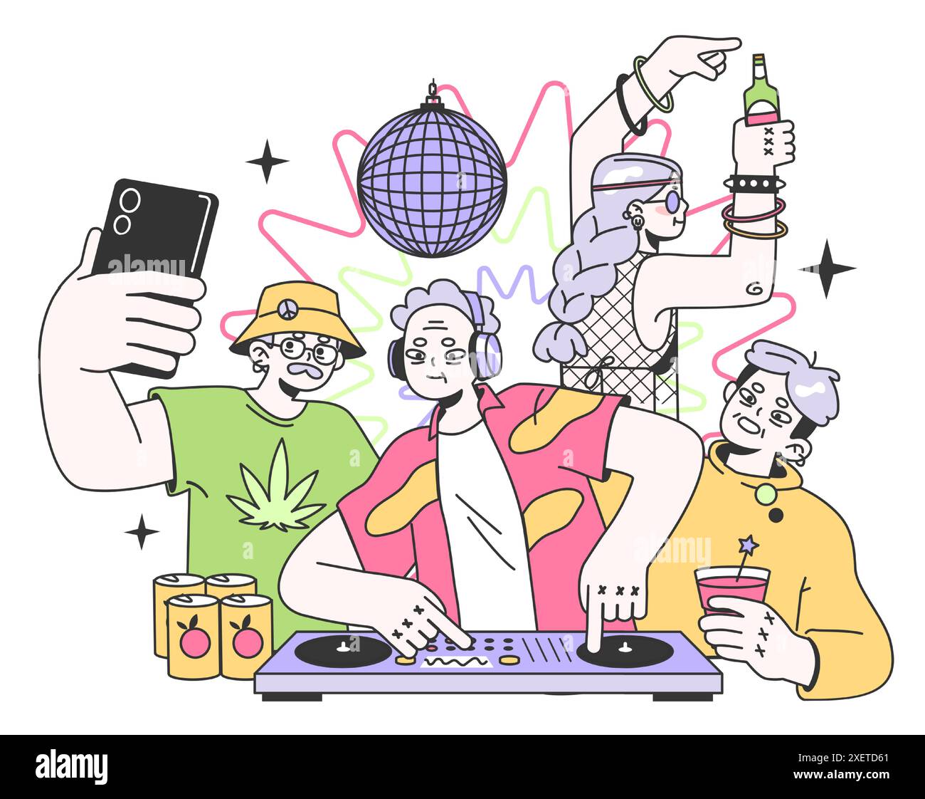 Personaggi maturi che ballano e bevono alcolici al campeggio del festival. Donna anziana e uomo che fanno una festa, ascoltano la musica del dj. Illustrazione vettoriale piatta Illustrazione Vettoriale