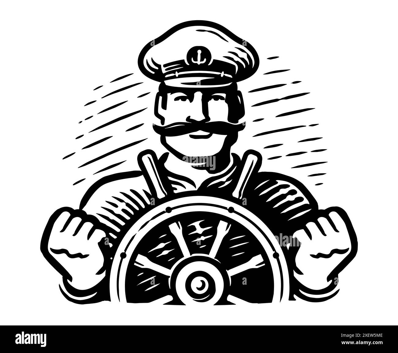 Capitano della nave al timone. Stemma o logo a vela, a vela. Illustrazione vettoriale in bianco e nero Illustrazione Vettoriale