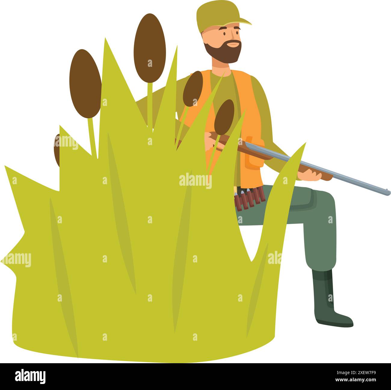 Hunter si nasconde nelle canne, tiene in mano il fucile e aspetta la preda Illustrazione Vettoriale