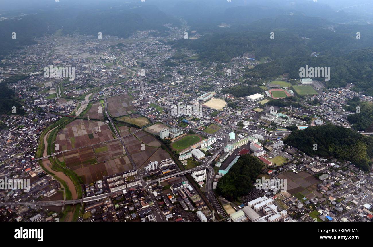 Vista aerea delle risaie nella prefettura di Kagoshima, Kyushu, Giappone. Foto Stock
