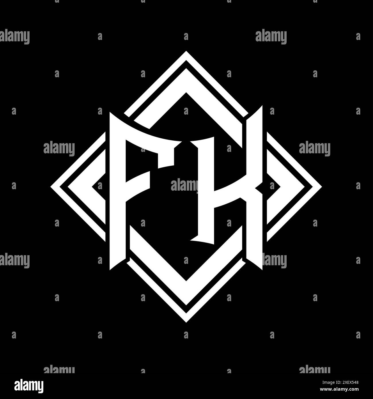 Logo FK Letter con scudo astratto con contorno bianco quadrato su sfondo nero Foto Stock