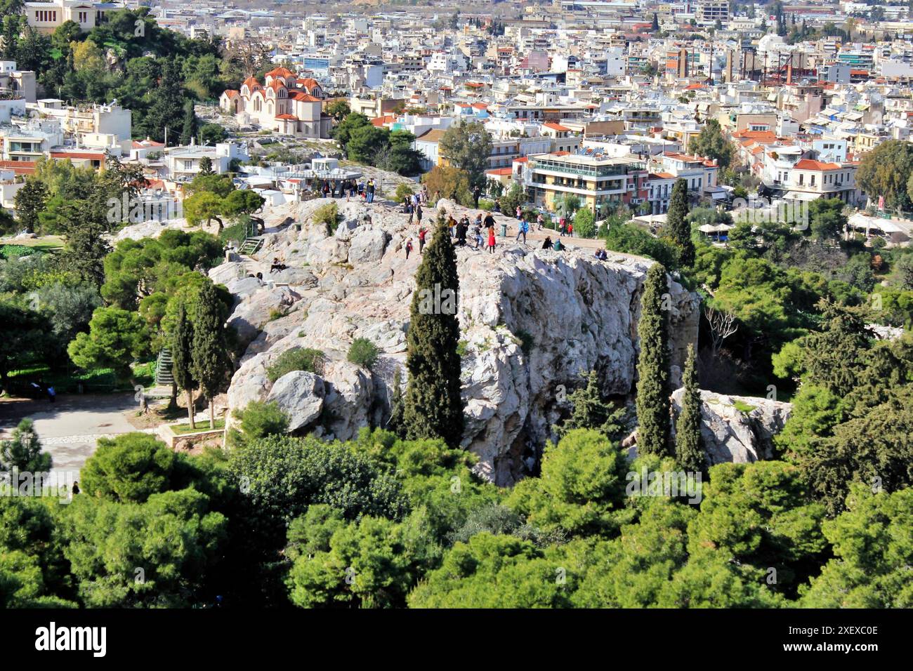Vista della collina di Areios Pagos - Atene, Grecia, 5 febbraio 2020. Foto Stock