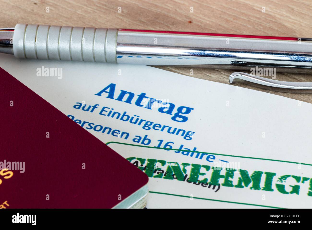 Primo piano di una domanda di naturalizzazione nella Repubblica federale di Germania con timbro simbolico GENEHMIG (approvato) Foto Stock