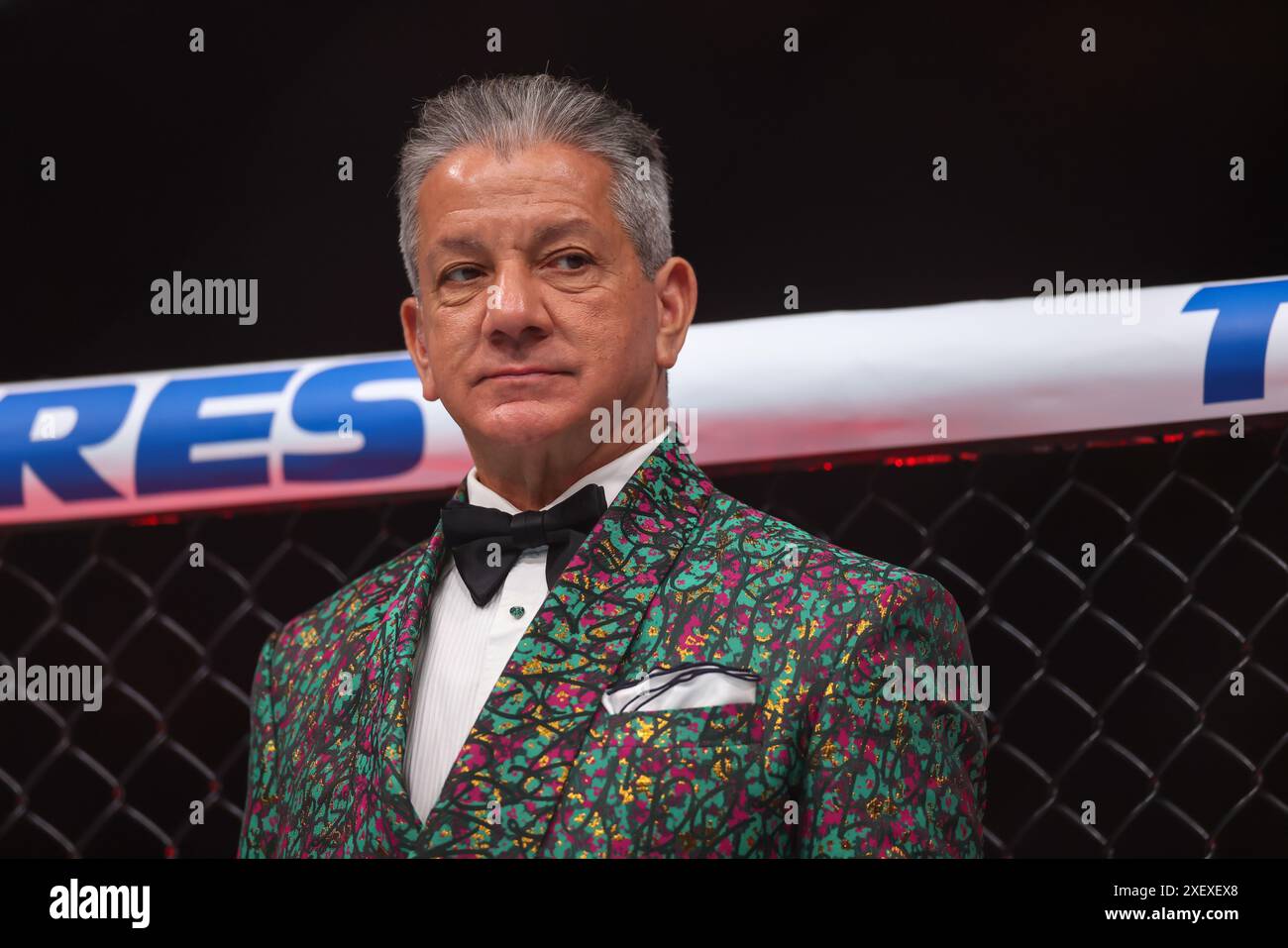 Las Vegas, Stati Uniti. 29 giugno 2024. Bruce buffer, annunciatore dell'UFC, introduce i lottatori in un incontro dei pesi welter durante l'evento UFC 303 alla T-Mobile Arena il 29 giugno 2024 a Las Vegas, Nevada. Crediti: Brasile Photo Press/Alamy Live News Foto Stock