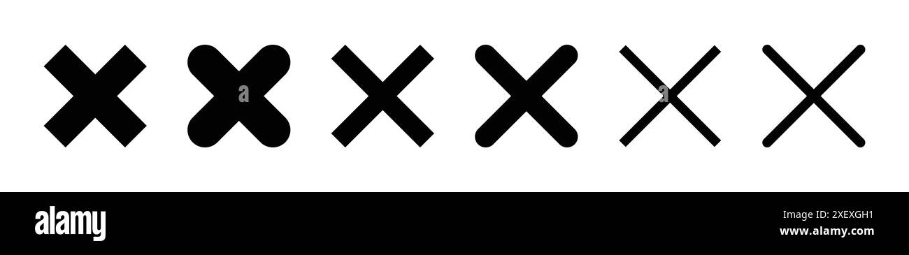 Set di icone vettoriali X a croce nera. No, simbolo sbagliato. Annulla set icone. Illustrazione del vettore del segnale di divieto. Elimina, firma voto. Set di segnaletica a croce nera. Illustrazione Vettoriale