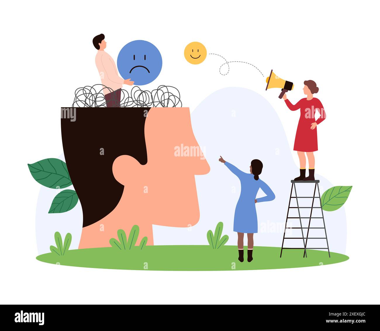 Cambiamento d'umore da negativo a positivo, oscillazione emotiva, salute mentale. Le piccole persone lavorano con il caos dei pensieri e le tristi emoji all'interno della testa umana aperta, offrono un'illustrazione vettoriale dei cartoni animati con una sensazione felice Illustrazione Vettoriale