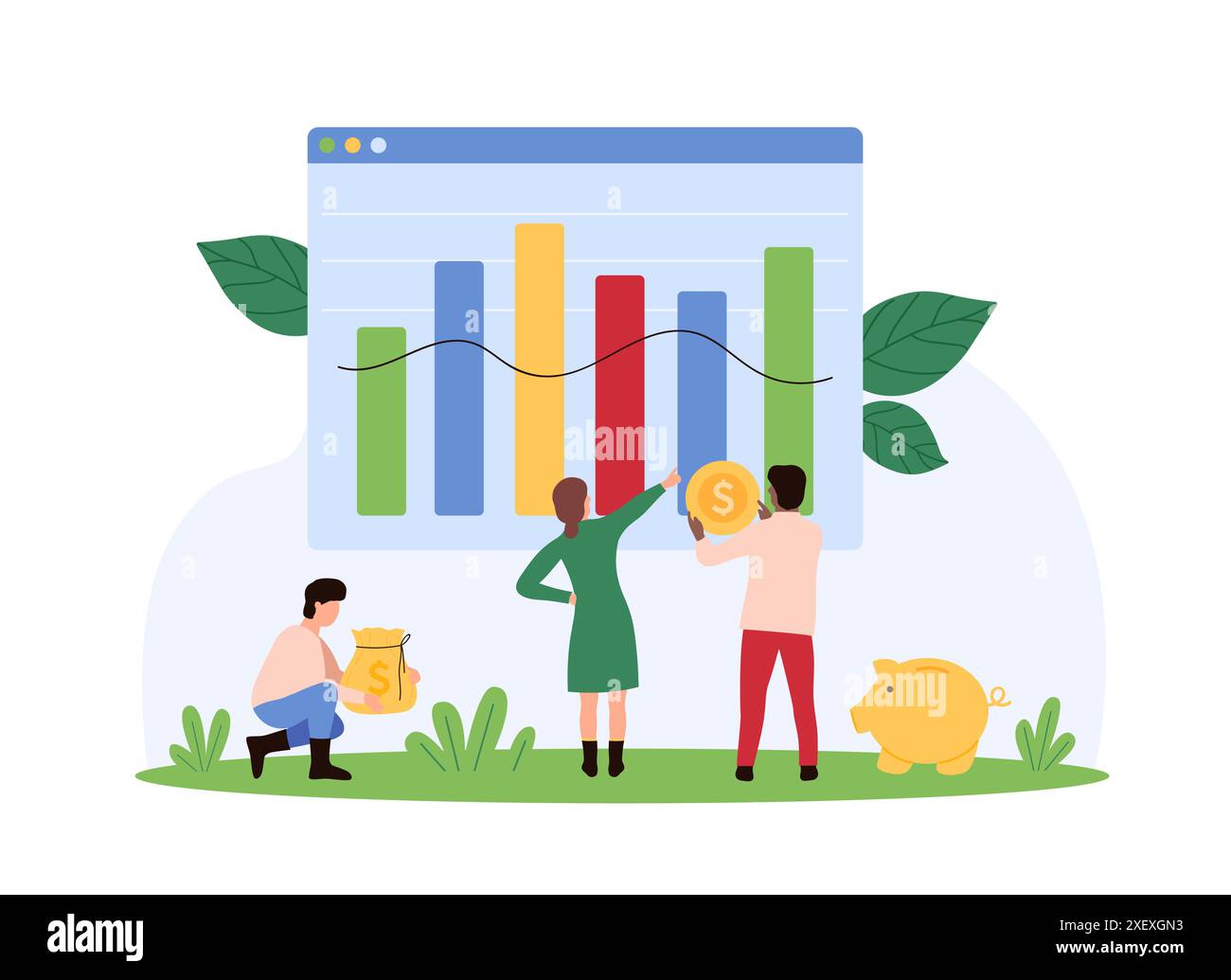 Cambiamenti nel mercato finanziario, analisi della crescita e del declino per il successo e il profitto degli investimenti, previsioni degli analisti. Le piccole persone seguono i grafici per investire denaro nell'illustrazione vettoriale dei cartoni animati Illustrazione Vettoriale