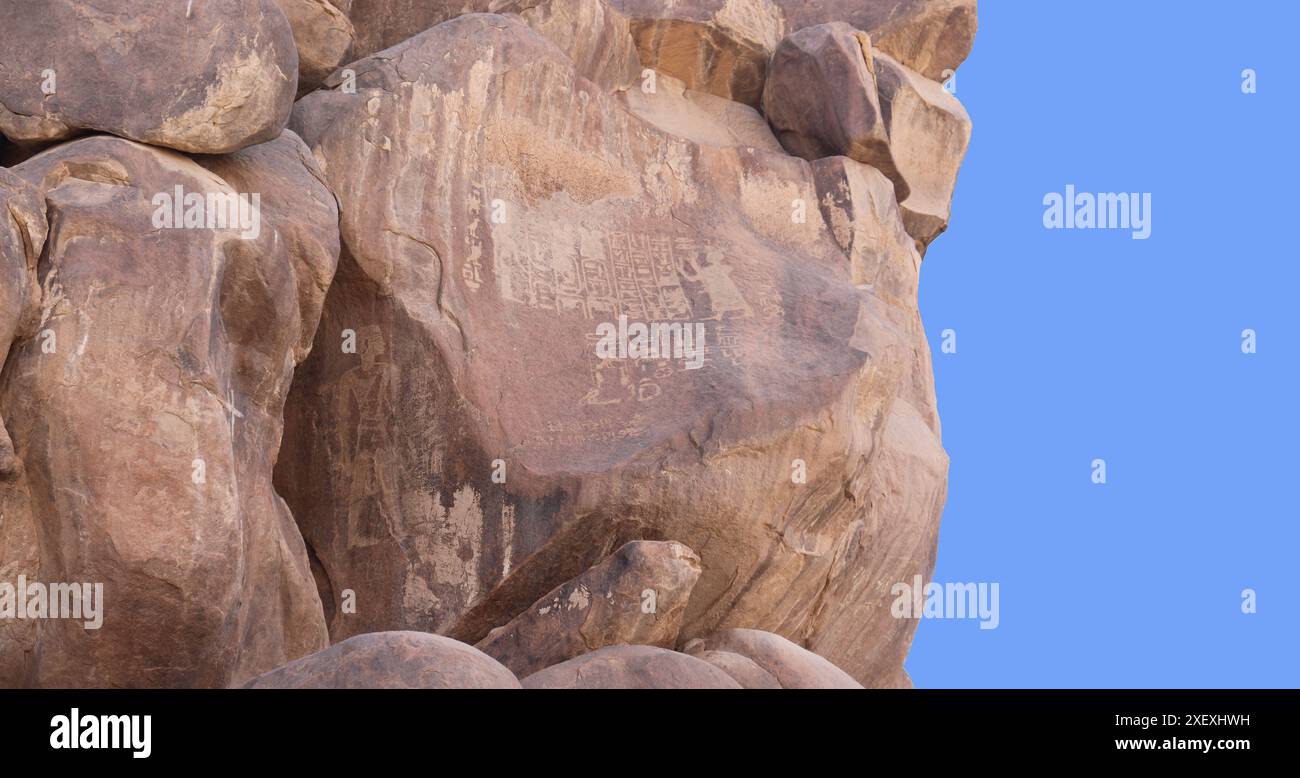 La stele della carestia (antiche iscrizioni egiziane scritte in geroglifici egiziani situati sull'isola di Sehel ad Assuan, Egitto) Foto Stock