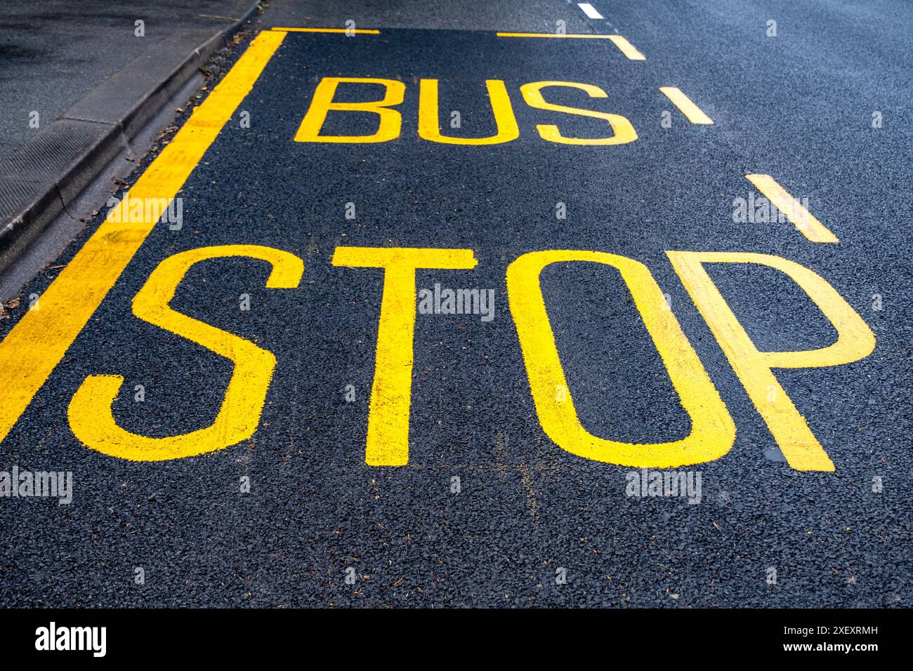 Fermata dell'autobus dipinta in linee gialle sulla asfalto del Regno Unito Foto Stock