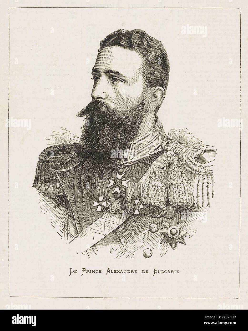 Ritratto inciso del principe Alessandro di Bulgaria. 1886 Alexander Joseph GCB (1857 – 1893 ), noto come Alessandro di Battenberg, fu il primo principe (knyaz) del Principato di Bulgaria dal 1879 fino alla sua abdicazione nel 1886. La grande Assemblea nazionale bulgara lo elesse come Principe della Bulgaria autonoma, che rimase ufficialmente all'interno dell'Impero ottomano, nel 1879. Sciolse l'assemblea nel 1880 e sospese la Costituzione nel 1881, considerandola troppo liberale. Restaurò la Costituzione nel 1883, portando ad un conflitto aperto con la Russia che lo rese popolare in Bulgaria. Unificazione Foto Stock
