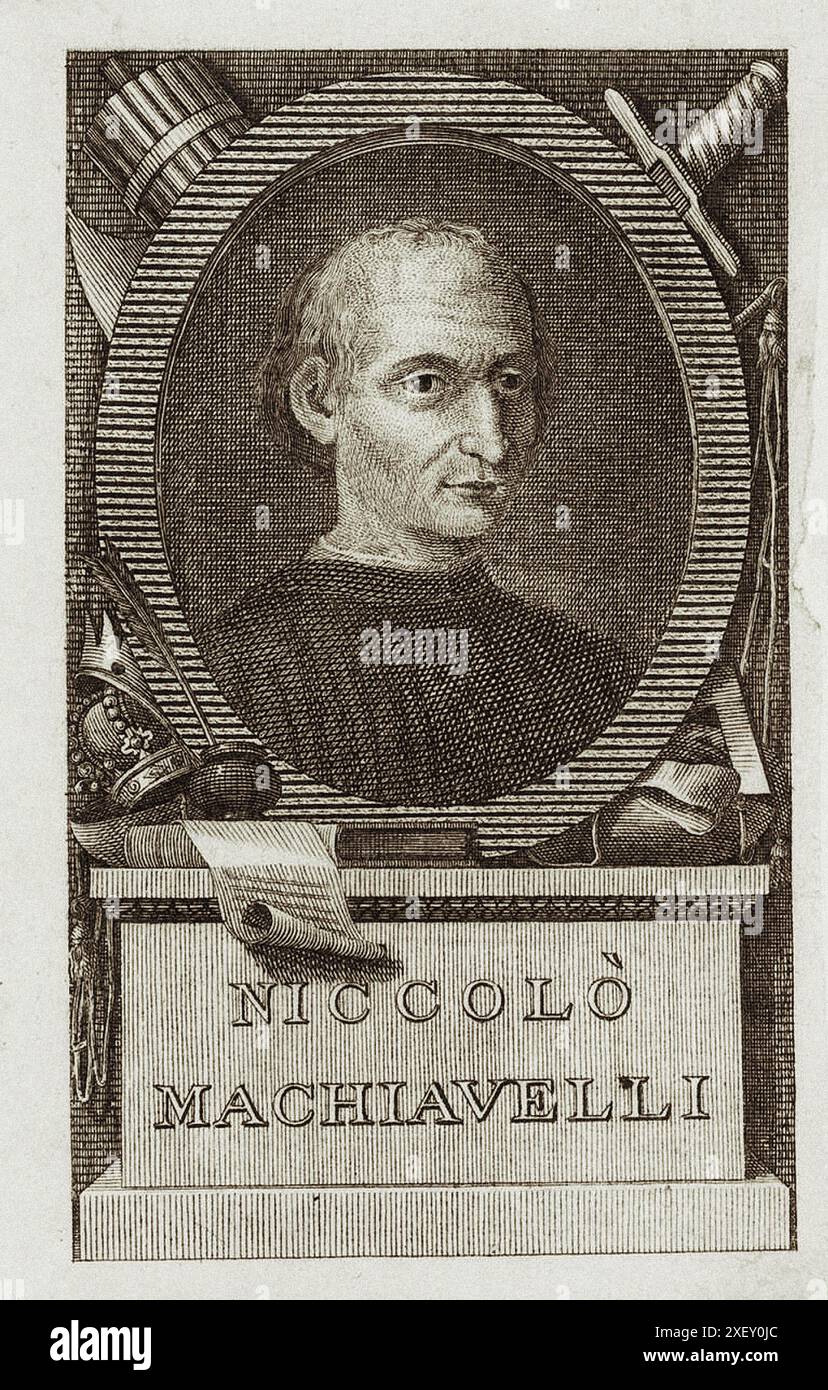 Ritratto inciso di Niccolò Machiavelli. Niccolò di Bernardo dei Machiavelli (1469 – 1527) è stato un diplomatico, scrittore, filosofo e storico italiano che visse durante il Rinascimento. Foto Stock