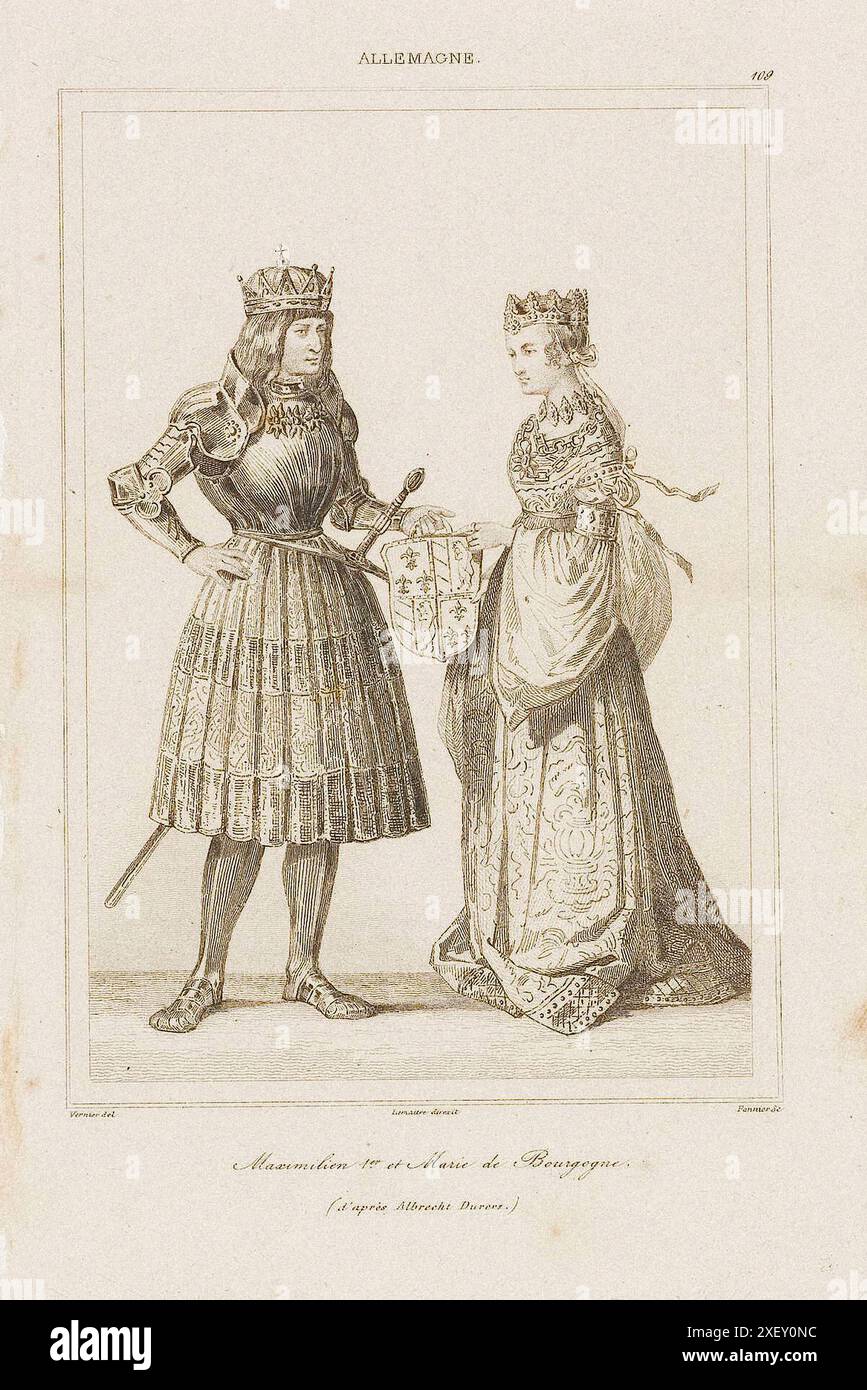 Disegno medievale di Albrecht Dürer: Massimiliano i e Maria di Borgogna Massimiliano i (22 marzo 1459 – 12 gennaio 1519) fu re dei Romani dal 1486 e imperatore del Sacro Romano Impero dal 1508 fino alla sua morte. Foto Stock